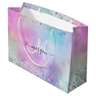 Holographic Glitter Rainbow Pastels Monogram Large Gift Bag