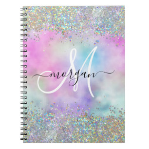 Holographic Glitter Rainbow Pastels Monogram Notebook