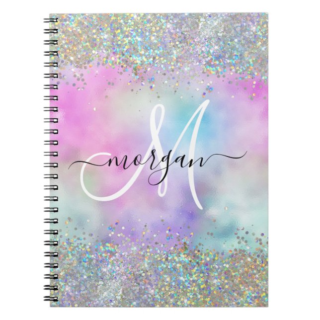 Holographic Glitter Rainbow Pastels Monogram Notebook (Front)