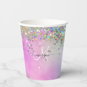 Holographic Glitter Rainbow Pastels Monogram Paper Cups