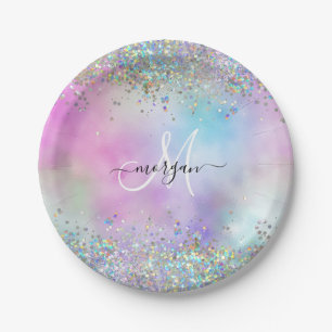 Holographic Glitter Rainbow Pastels Monogram Paper Plate