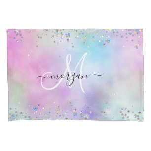 Holographic Glitter Rainbow Pastels Monogram Pillowcase