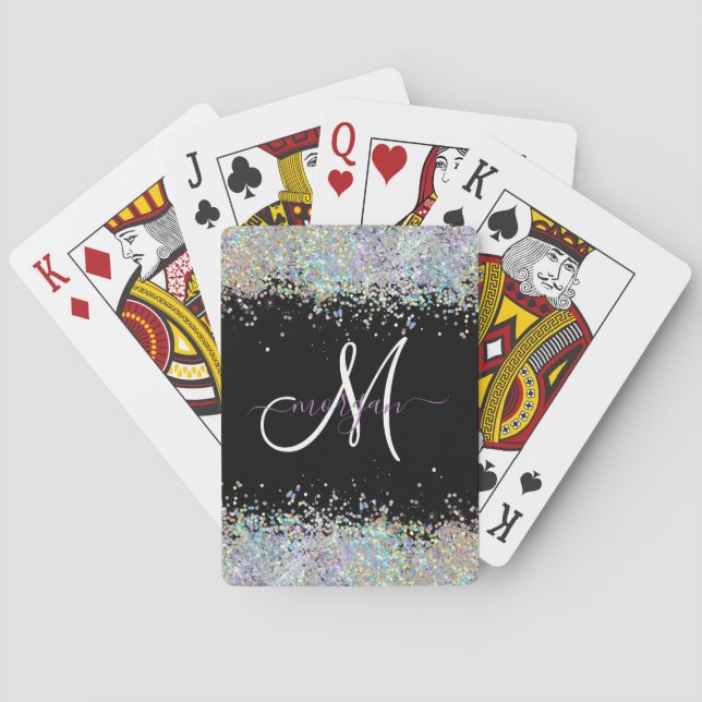Holographic Glitter Rainbow Pastels Monogram Playing Cards (Back)