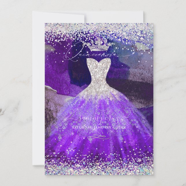 Holographic Glitter Ultra Violet Quinceanera Gown Invitation (Front)