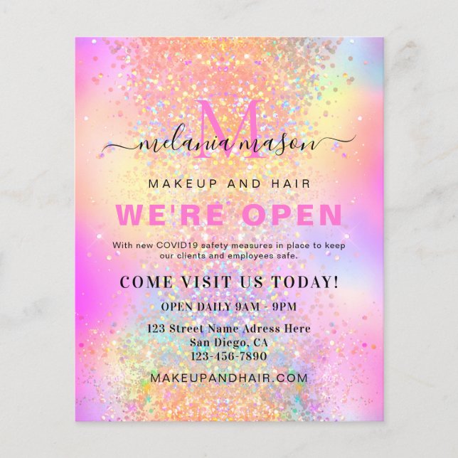 Holographic Glitter We're Open Salon Modern Pink Flyer (Front)