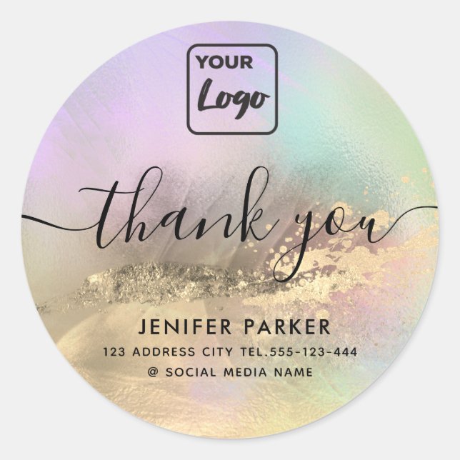 Holographic gold abstract custom logo thank you  classic round sticker (Front)
