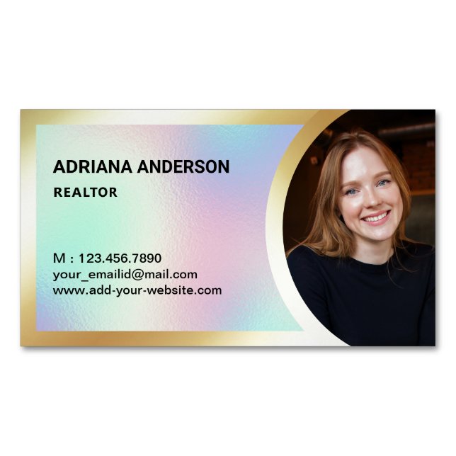 Holographic Gold Foil Real Estate Photo Realtor Magnetic Business Card (Front)