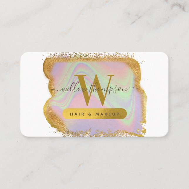 Holographic Gold Glitter Modern Hair & Makeup  Business Card (Front)
