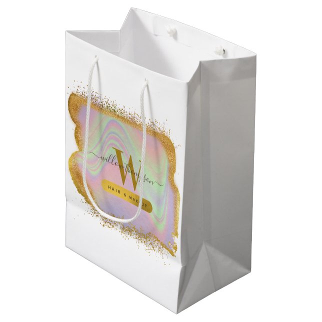 Holographic Gold Glitter Modern Hair & Makeup Shop Medium Gift Bag (Front Angled)