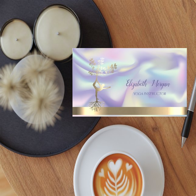 Holographic Gold Tree Women Silhouette, Yoga Business Card (Creator Uploaded)