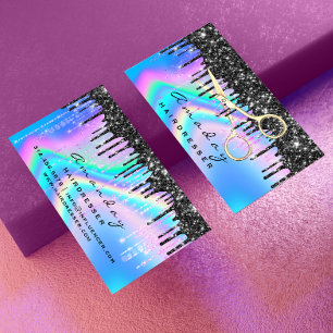 Holographic Hair Salon Beauty Black Drips Scissors Business Card