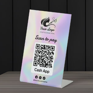 Holographic Hair Salon Logo Cashapp Scan to Pay Pedestal Sign