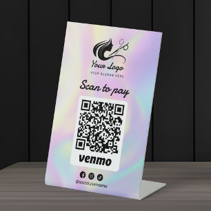 Holographic Hair Salon Logo Venmo Scan to Pay Pedestal Sign