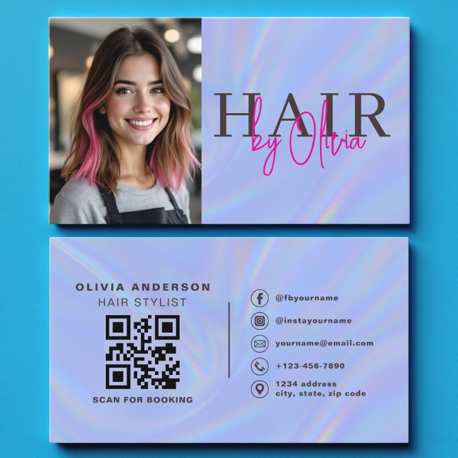 Holographic Hair Stylist Photo QR Code  Business Card (Creator Uploaded)