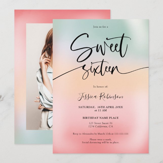 Holographic ice cream ombre girly pink Sweet 16 Invitation (Front/Back)