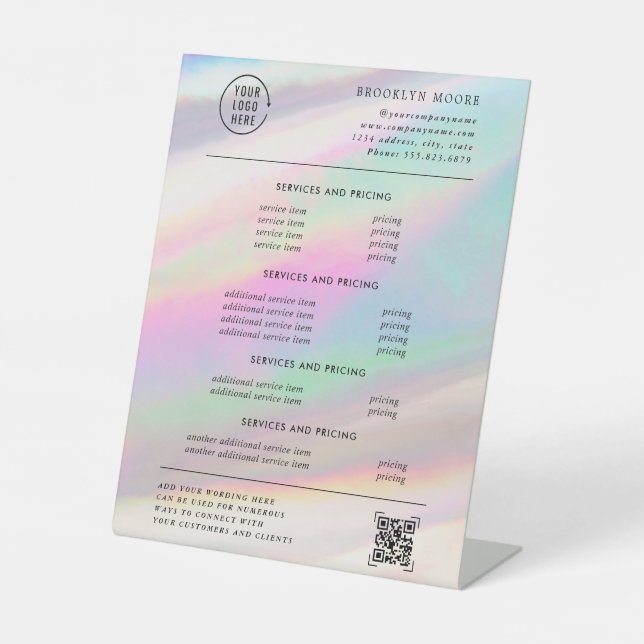 Holographic Iridescent Opal | Pricing  Pedestal Sign (Front)