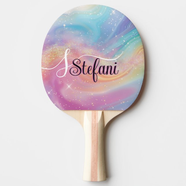 Holographic Iridescent Rainbow Unicorn Monogram Ping Pong Paddle (Front)