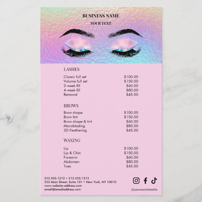 Holographic Lashes Salon Price List Menu (Front)