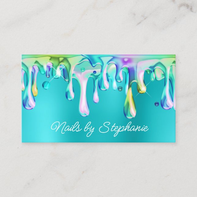 Holographic Liquid Drip Turquoise Blue Business Card (Front)