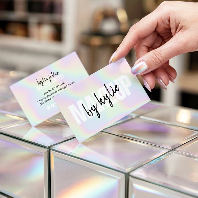 Holographic makeup artist bold signature script business card (Holographic makeup artist bold signature script)