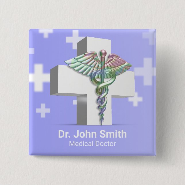 Holographic Medical 3D Caduceus White Cross 15 Cm Square Badge (Front)
