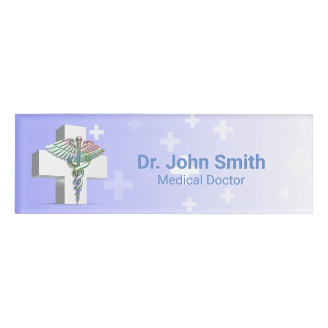 Holographic Medical 3D Caduceus White Cross Name Tag (Front)