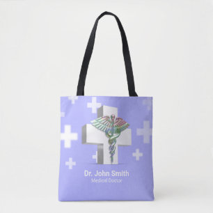 Holographic Medical 3D Caduceus White Cross Tote Bag