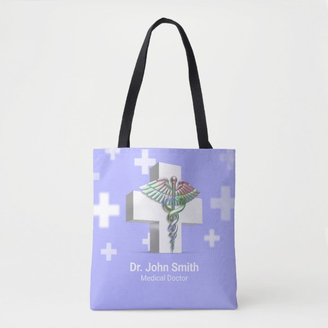 Holographic Medical 3D Caduceus White Cross Tote Bag (Front)
