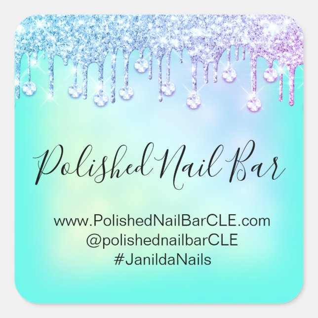 Holographic Mint Blue Diamond Drips Nail Pink Square Sticker (Front)