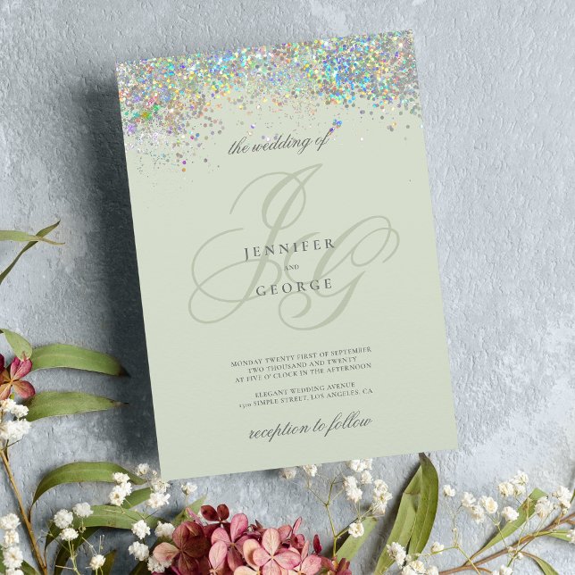  Holographic mint silver glitter initials wedding Invitation (Holographic mint silver glitter initials wedding)