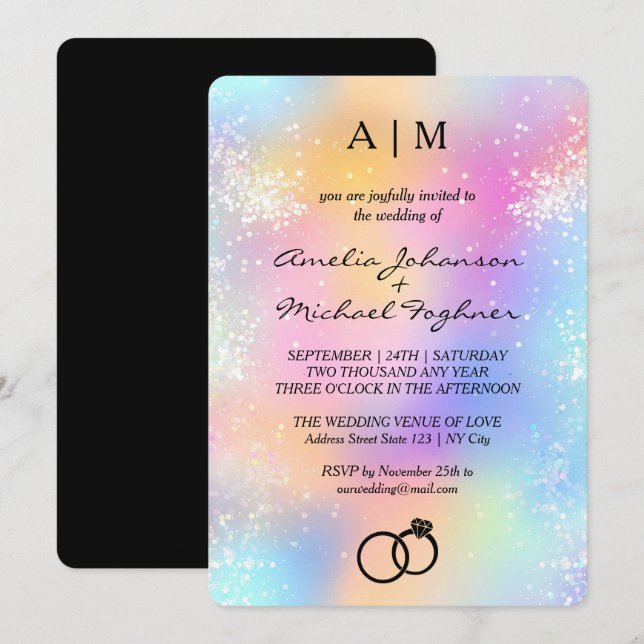 Holographic Modern Monogram Wedding Invitation  (Front/Back)