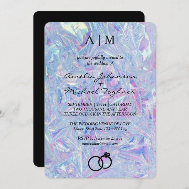 Holographic Modern Monogram Wedding Invitation  (Front/Back)