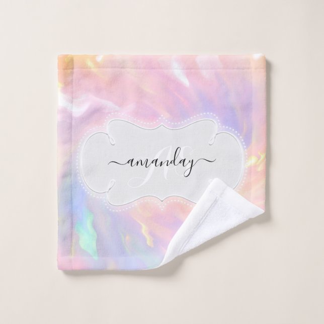 Holographic Monogram Name Pastel Unicorn Girly Wash Cloth (Wash Cloth)