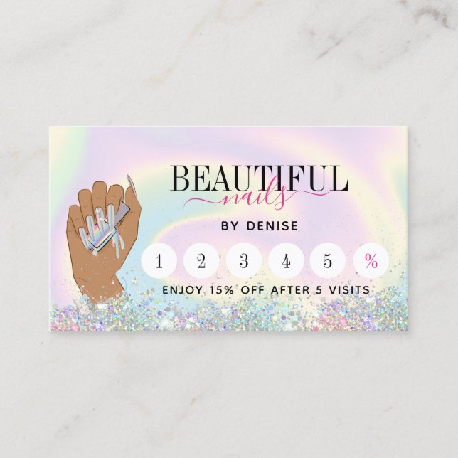 holographic nail salon woman hand nail technician  business card (Front)