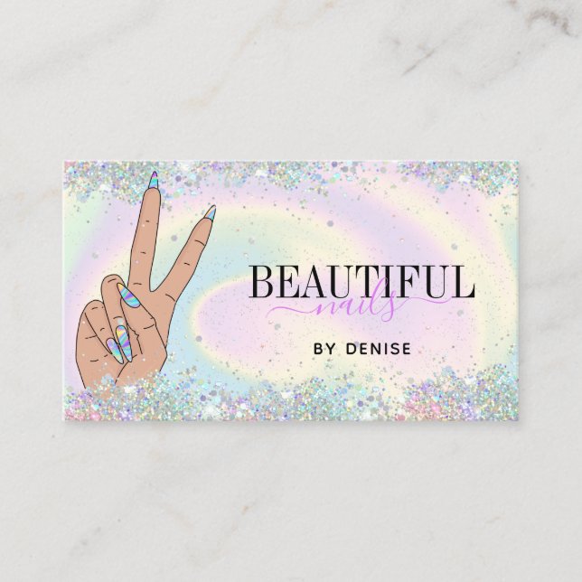 holographic nail salon woman hand nails technician business card (Front)
