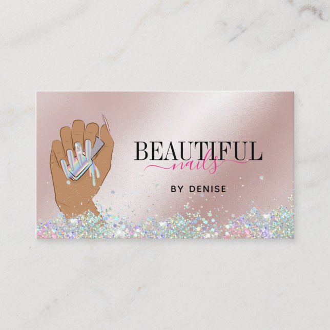 holographic nail salon woman hand nails technician business card (Front)