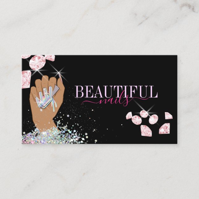 holographic nail salon woman hand nails technician business card (Front)