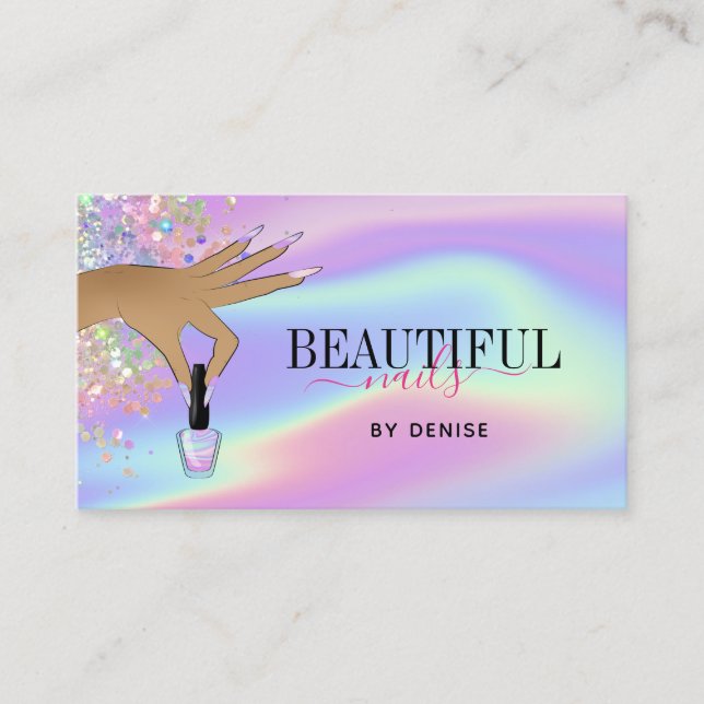 holographic nail salon woman hand nails technician business card (Front)