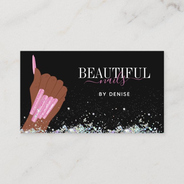 holographic nail salon woman hand nails technician business card (Front)