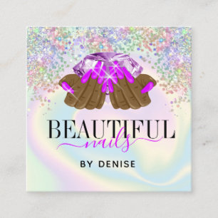 holographic nail salon woman hand nails technician square business card