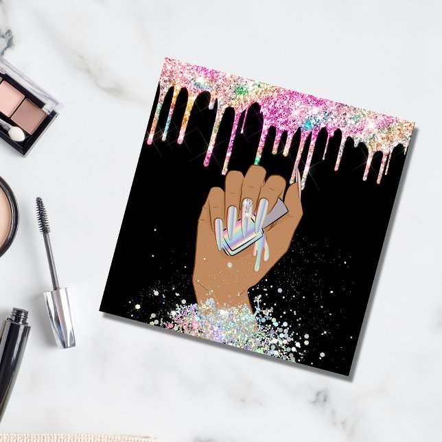 holographic nail salon woman hand nails technician square business card (Creator Uploaded)