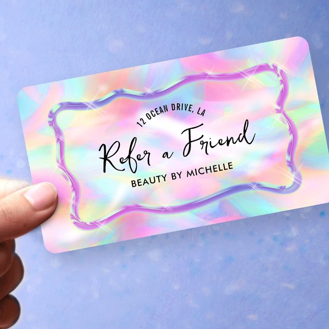 Holographic Neon Colours Refer A Friend Girly Referral Card (Neon colors Refer a Friend cards with holographic style background and trendy fonts)