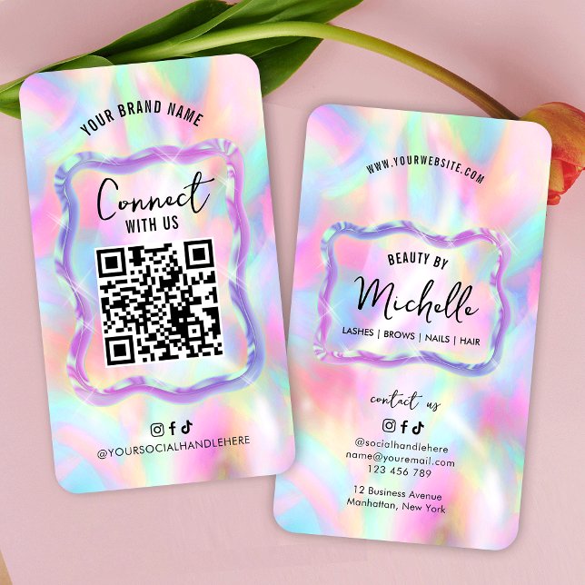 Holographic Neon Opal Girly Social Media QR Code Business Card (Trendy holographic neon effect scannable social media QR code business cards)