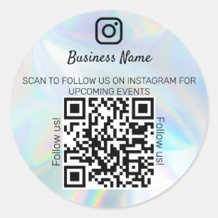 Holographic opal business name qr code instagran classic round sticker