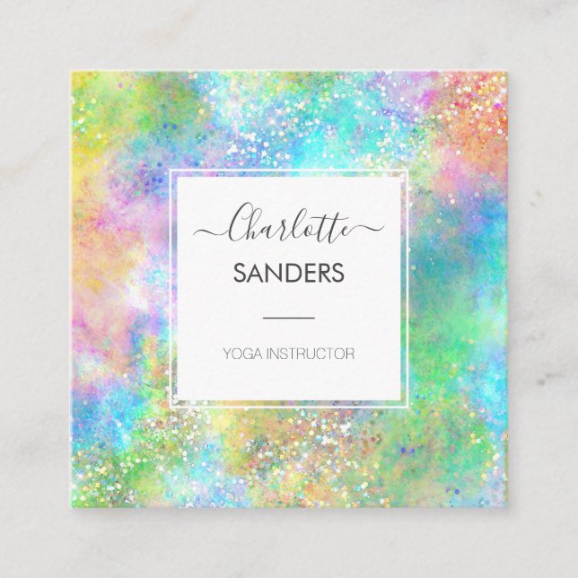 Holographic opal gemstone gold glitter  square business card (Front)