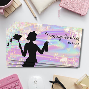 Holographic Opal Maid Cleaning Services Glitter Business Card