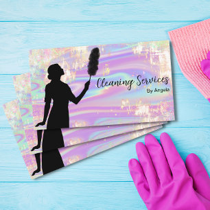 Holographic Opal Maid Cleaning Services Glitter Business Card