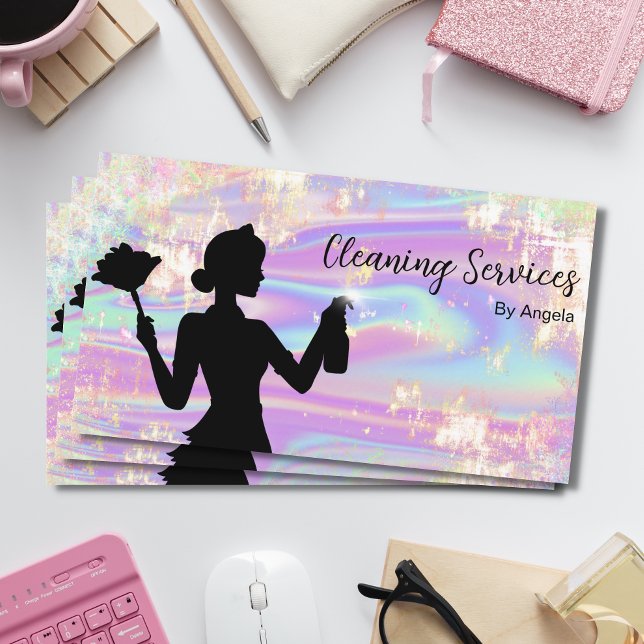 Holographic Opal Maid Cleaning Services Glitter Business Card (Creator Uploaded)