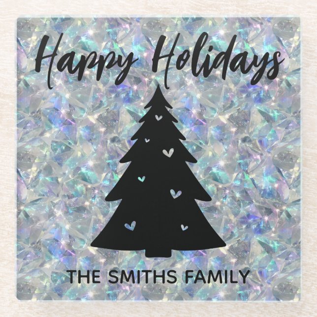 Holographic Opal Stone Background Happy Holidays Glass Coaster (Front)