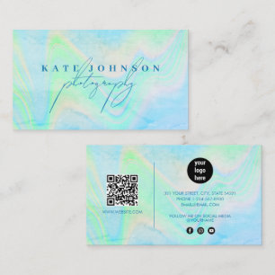 Holographic Opal Stone Marble Script QR Code Blue Business Card
